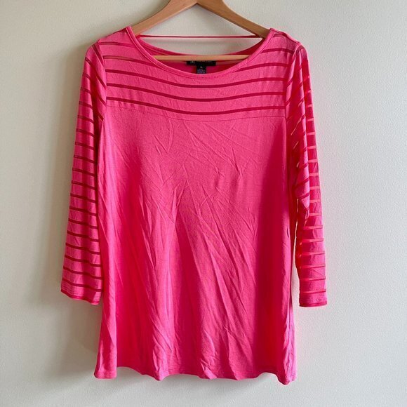 INC INTERNATIONAL CONCEPT PINK KNIT TOP WOMENS SIZE XL‎ CREWNECK MESH STRIPED - Picture 1 of 3